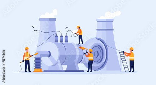 Workers maintain industrial machinery with turbines and cooling towers