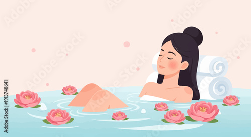 Woman relaxing in a serene bath with blooming pink flowers and soft lighting