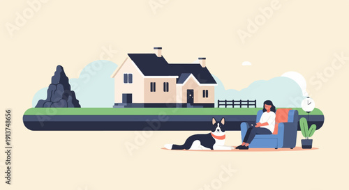Woman relaxing in armchair with dog by house and clock
