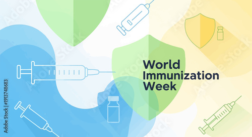 World Immunization Week, with syringes, shields, and vials on abstract background