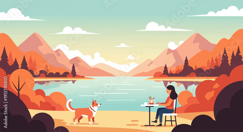 Woman enjoys coffee by lake with dog, mountain and autumn foliage backdrop
