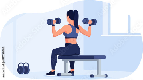 Woman exercises with dumbbells on a bench in a gym