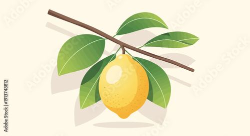 Yellow lemon hanging on a branch with green leaves