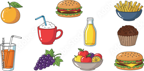 Fast Food and Healthy Drink Illustration Set with Burger, Fries, Juice, Fruits, Coffee and Muffin Colorful Vector Collection