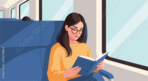 Woman wearing glasses reads a book while sitting on a blue train seat