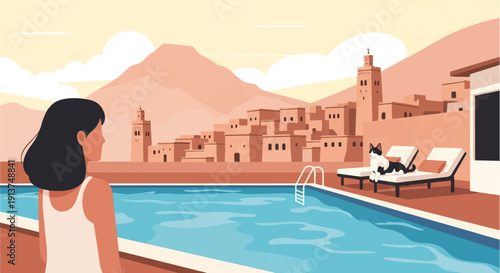 Woman gazes at a tranquil poolside scene with a cat and distant desert cityscape