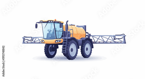 Yellow self-propelled sprayer with wide boom, isolated on white