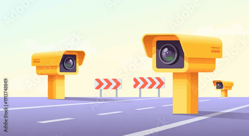 Yellow surveillance cameras stand guard over an empty highway
