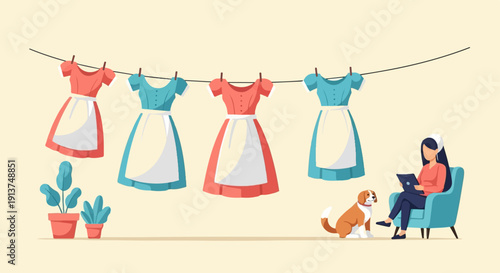 Woman with dog near clothesline and potted plants using tablet