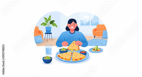 Woman eating quesadillas with dips and avocado in a cozy room