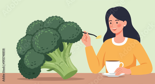 Woman holding a fork over large broccoli and drinking coffee