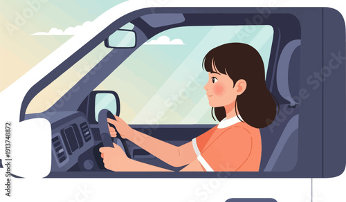 Woman driving a car with hands on steering wheel, smiling