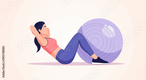 Woman doing crunches with a large exercise ball for support