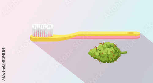 Yellow toothbrush with pink handle rests beside a green bud