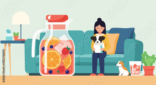 Woman holding a small dog, another dog sits nearby by a large jug