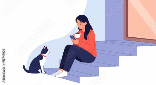 Woman with phone and coffee on steps with cat