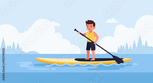 Young boy paddleboarding on calm water under cloudy sky