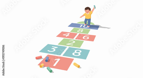 Young boy plays hopscotch game with numbered squares and chalks