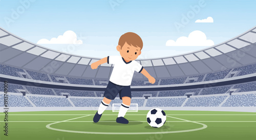 Young boy plays soccer in a large stadium