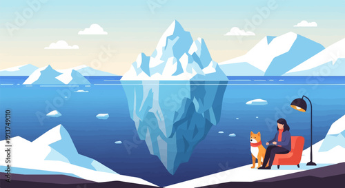 Woman and dog relax by a glowing lamp near a large iceberg