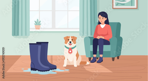 Woman and dog in cozy room with boots and puddle