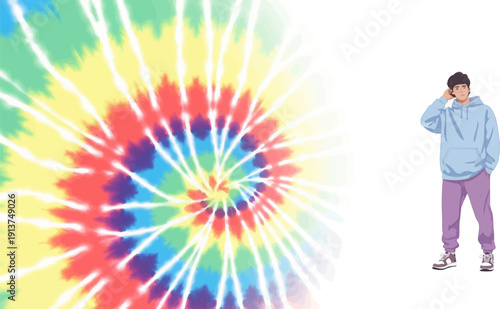 Vibrant tie-dye swirl complements a young person in casual wear