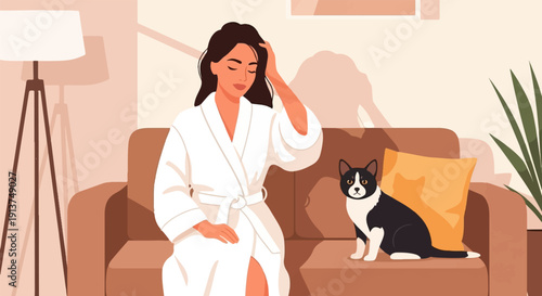 Woman in bathrobe with cat on couch, lamp, plant