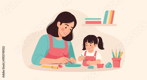 Woman and child happily crafting with colorful clay and art supplies