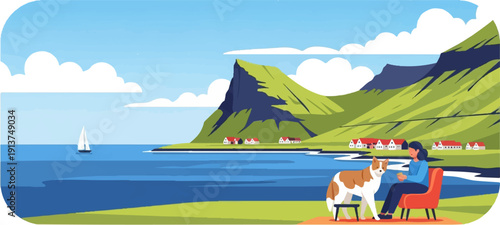 Woman and dog by water, with boat, hills, and village in background