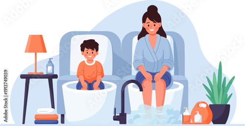 Woman and child enjoying a relaxing foot soak with bubbly water
