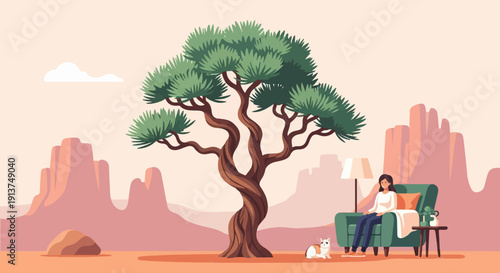 Woman in armchair with dog by a twisted tree in a desert landscape