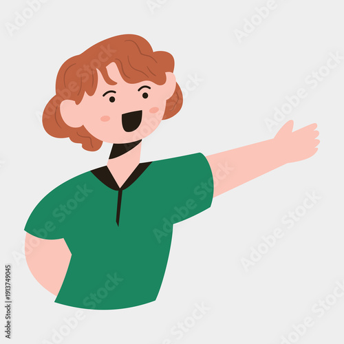 Female character pointing sideways in friendly cartoon style. Ideal for advertising visuals, instructional content, banners, and template designs. 