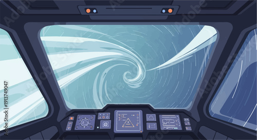 View from a spaceship cockpit shows a swirling cosmic vortex with a digital dashboard