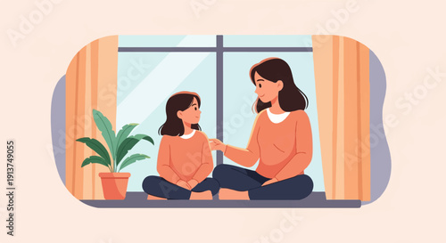 Woman and child share a moment near window with plant