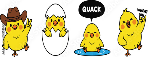 Funny Baby Chick Vector Character Set Featuring Cute Yellow Bird Hatching Wearing Cowboy Hat Quacking and Rocking Out for Stickers and Kids Designs
