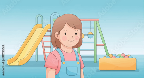 Young child with overalls stands by a colorful playground slide and ball pit