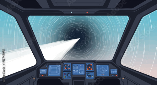 View from a spaceship cockpit through a warp tunnel with a bright light ahead