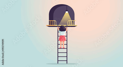 Young girl climbs ladder towards an illuminated arched opening