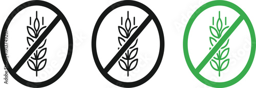 Gluten Free Symbol Icon Set with Wheat Crossed Out Signs for Allergy Friendly Food Labels Packaging Menu and Dietary Warning Designs