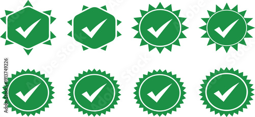 Green Check Mark Badge Icon Set with Verified Approved Quality Assurance and Certified Guarantee Symbols for Business Product and Security Design