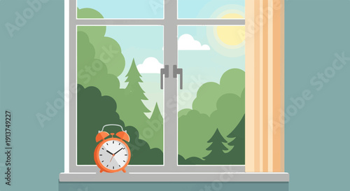 Window view of a sunny forest scene with an alarm clock on the sill