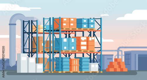 Warehouse shelves stacked with diverse boxes under a soft, cloudy sky