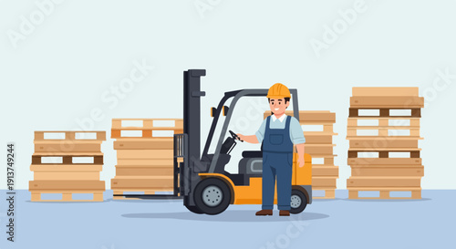 Warehouse worker with forklift and stacks of wooden pallets
