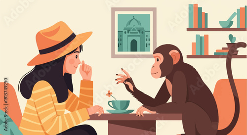 Woman in hat and monkey having conversation over tea in a cozy room