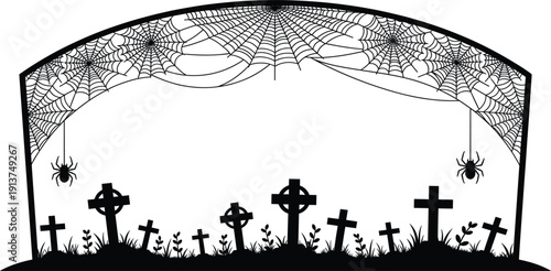 Halloween Graveyard Silhouette with Spider Web Arch Tombstones and Hanging Spiders for Spooky Horror Background and October Holiday Design