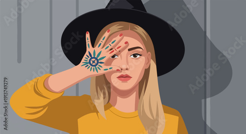 Woman in hat with patterned hand covering eye