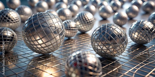 Reflective Metallic Spheres Arranged on a Gridded Surface, Illuminated by a Subtle Light Source, Creating a Striking Visual Display of Geometric Precision and Reflective Qualities