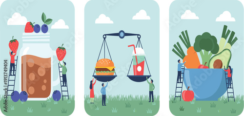 Healthy vs Unhealthy Food Concept with Nutrition Balance Scales Fresh Vegetables and Sugary Drinks Vector Illustration for Diet Lifestyle and Wellness Design