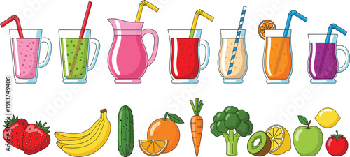 Healthy Smoothie and Fresh Juice Vector Illustration Set Featuring Strawberry, Banana, Orange, Broccoli, Kiwi, Apple, and Vegetable Drinks for Wellness and Nutrition Designs
