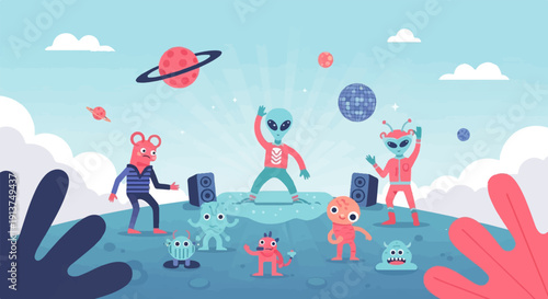 Whimsical aliens dancing on a planet under a starry sky